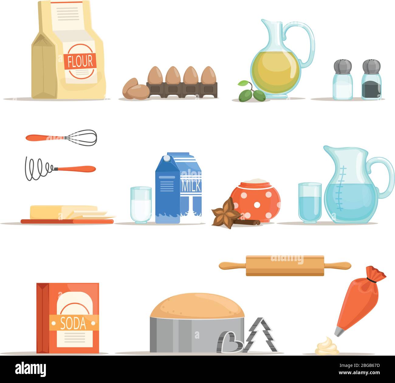 Ingredienti alimentari diversi per la cottura e la cottura. Illustrazione vettoriale in stile cartoon Illustrazione Vettoriale
