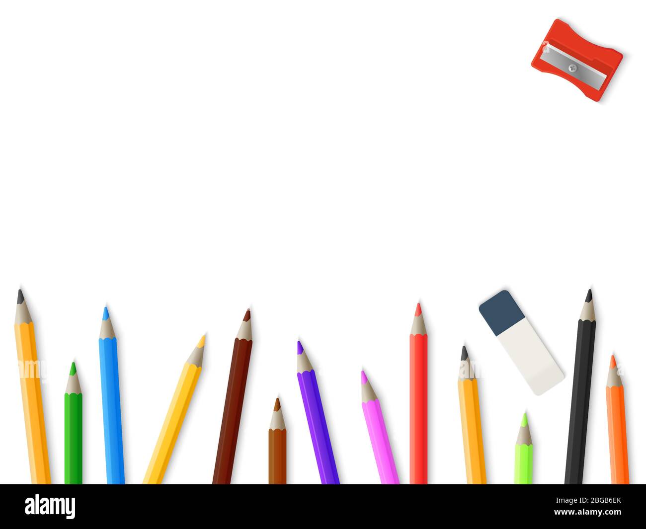 Matite realistiche matita affilatrice gomma sfondo - disegno modello mockup. Illustrazione di matite colorate e gomma di gomma Illustrazione Vettoriale