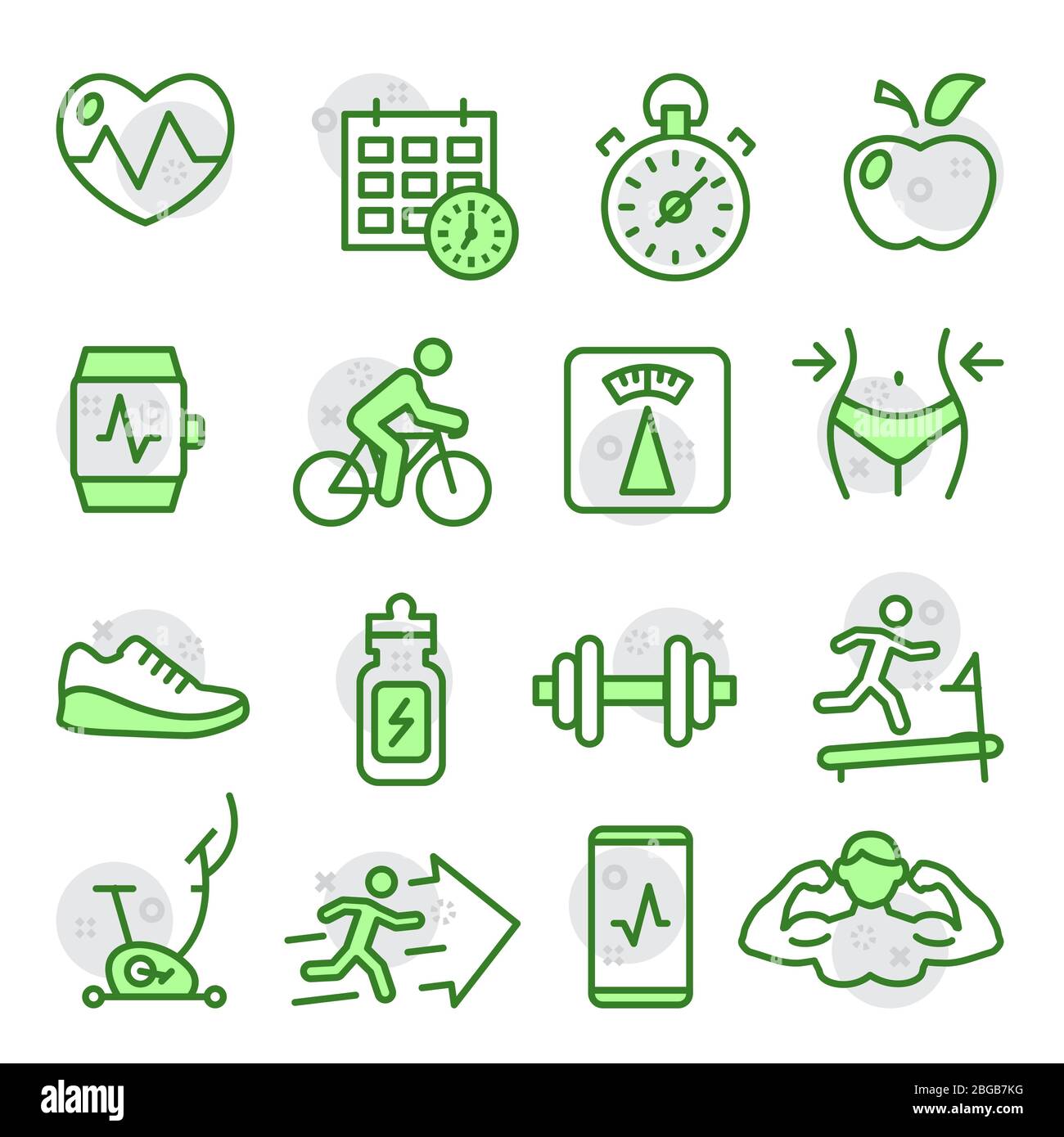 Icone della linea fitness e palestra su bianco Illustrazione Vettoriale