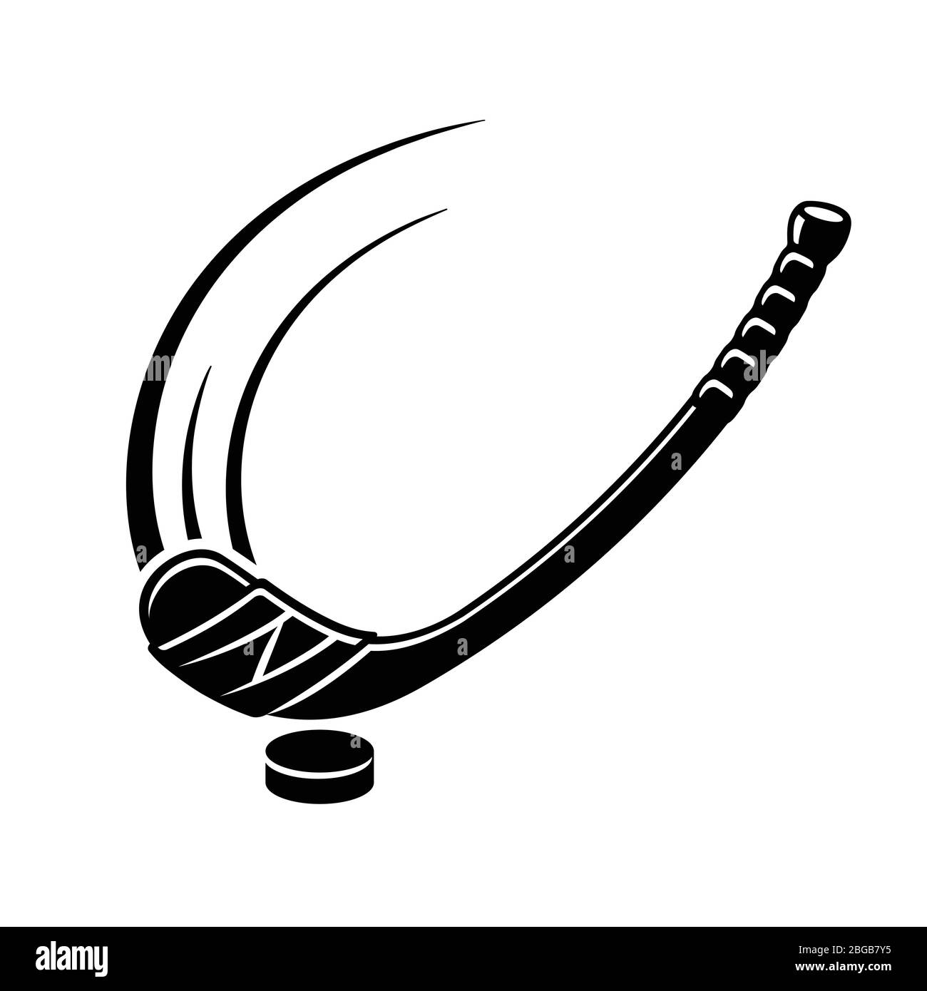 Bastone di hockey che colpisce il puck dell'hockey, logo dinamico di sport invernali. Elegante illustrazione vettoriale in bianco e nero. Illustrazione Vettoriale