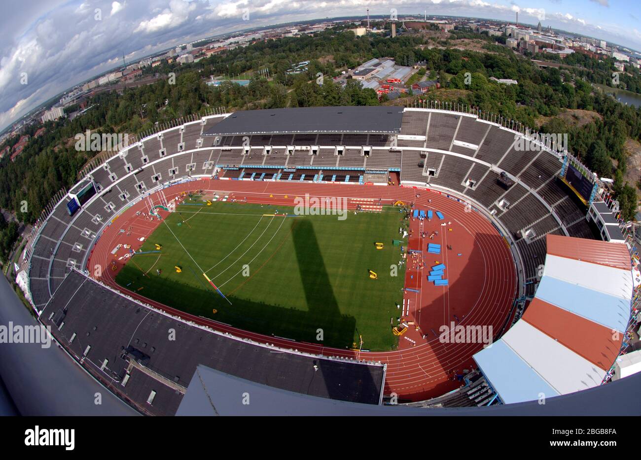 Helsinki, Finlandia. 12 agosto 2005. Vista aerea dello stadio olimpico di  Helsinki, Finlandia, sede delle Olimpiadi del 1952 e dei Campionati  mondiali IAAF del 1983 e 2005 in atletica, venerdì 12 agosto