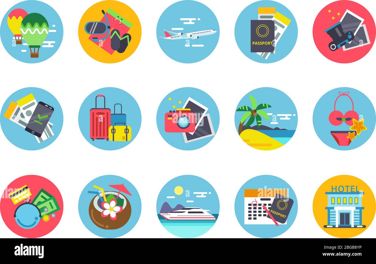 Icone di viaggio impostate in forme a cerchio colorate. Illustrazioni vettoriali in stile piatto Illustrazione Vettoriale