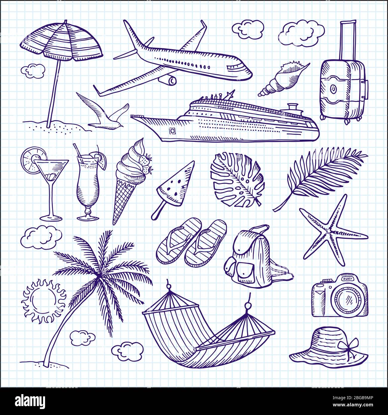 Estate elementi disegnati a mano. Sole, ombrello, zaino e altri simboli di divertenti vacanze. Set di doodles vettoriali Illustrazione Vettoriale