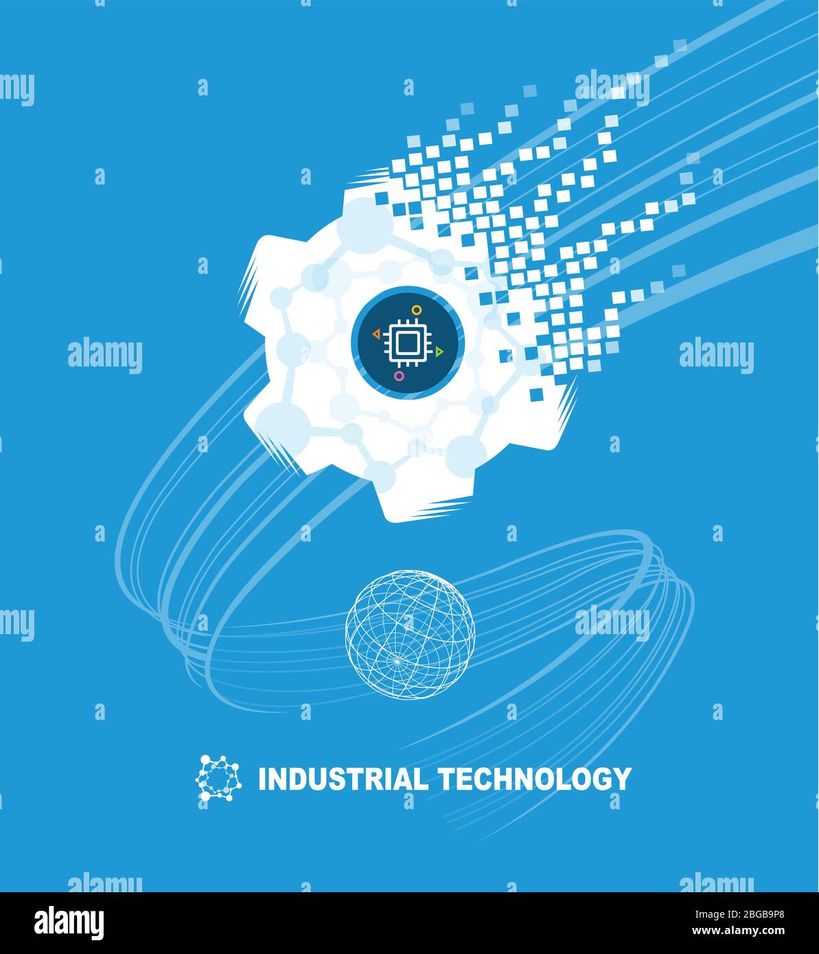 La tecnologia industriale mondiale si è sviluppata verso il futuro. Illustrazione vettoriale sfondo blu. Illustrazione Vettoriale