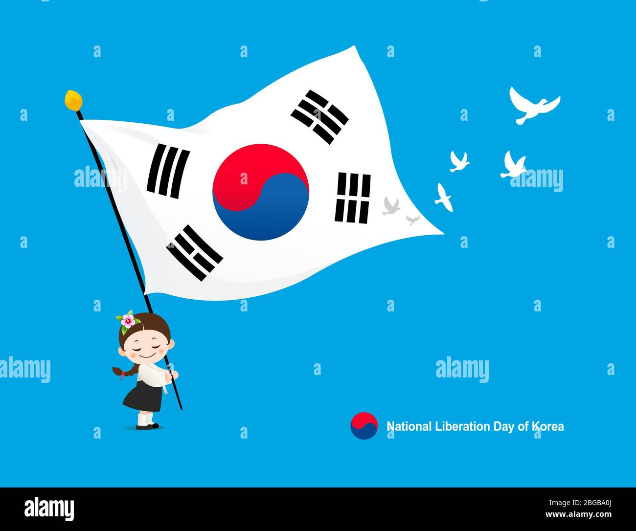Giorno della liberazione. Taegeukgi, piccione volante, ragazza Hanbok. Illustrazione Vettoriale