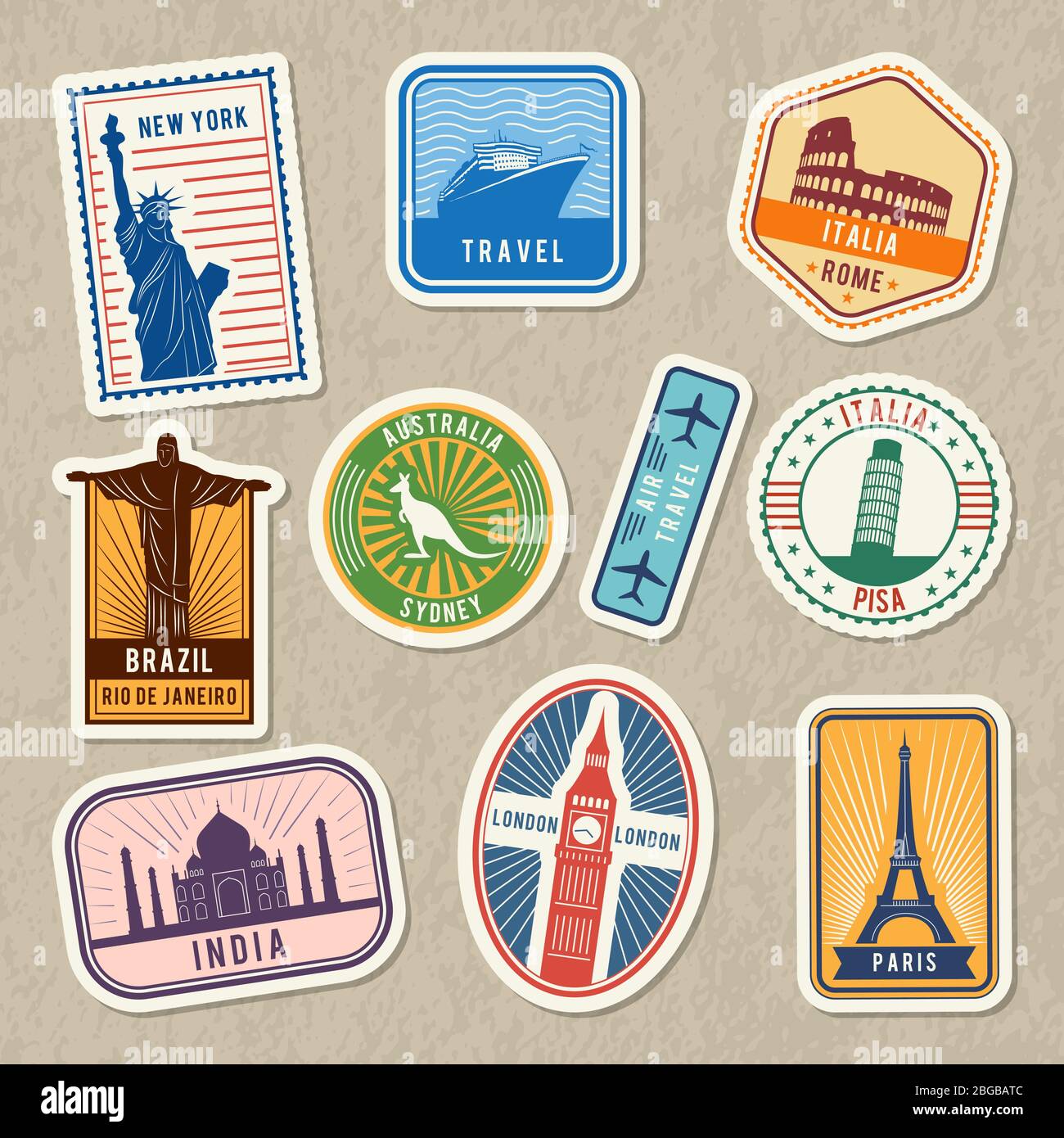 Set di adesivi da viaggio con diversi simboli architettonici in tutto il mondo. Etichette vettoriali con grana Illustrazione Vettoriale