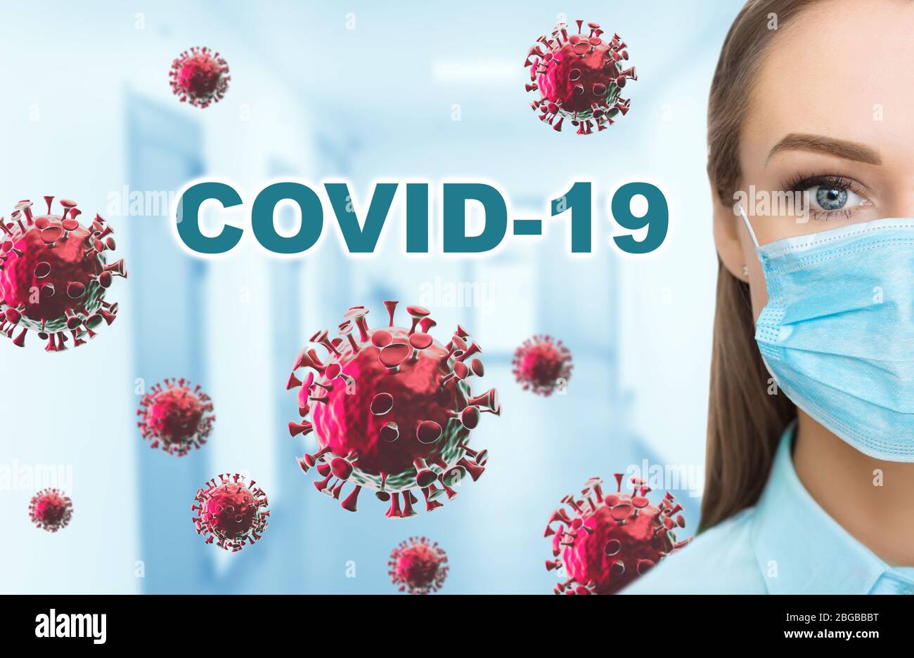Ritratto di una donna in una maschera medica protettiva sullo sfondo dei virus volanti Covid-19. Epidemia globale. Pandemico. Coronavirus Foto Stock