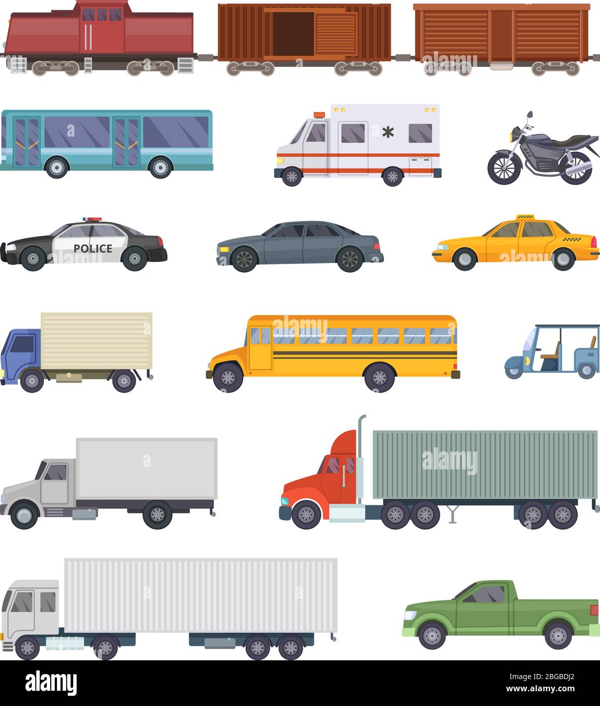Illustrazione vettoriale di automobili, camion e motocicli isolano su bianco Illustrazione Vettoriale