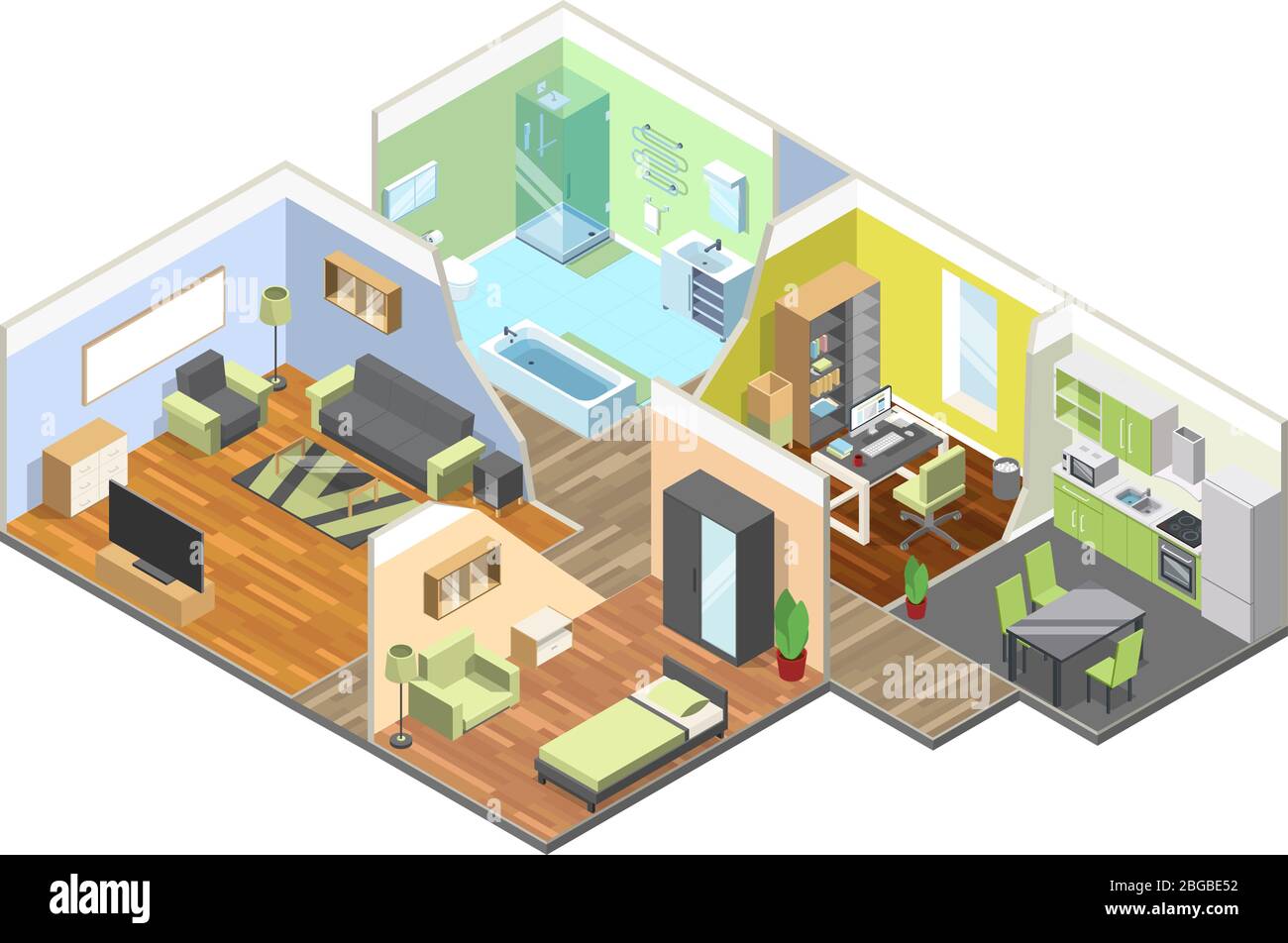 interni 3d di casa moderna con cucina, soggiorno, bagno e camera da letto. Set di illustrazioni isometriche Illustrazione Vettoriale