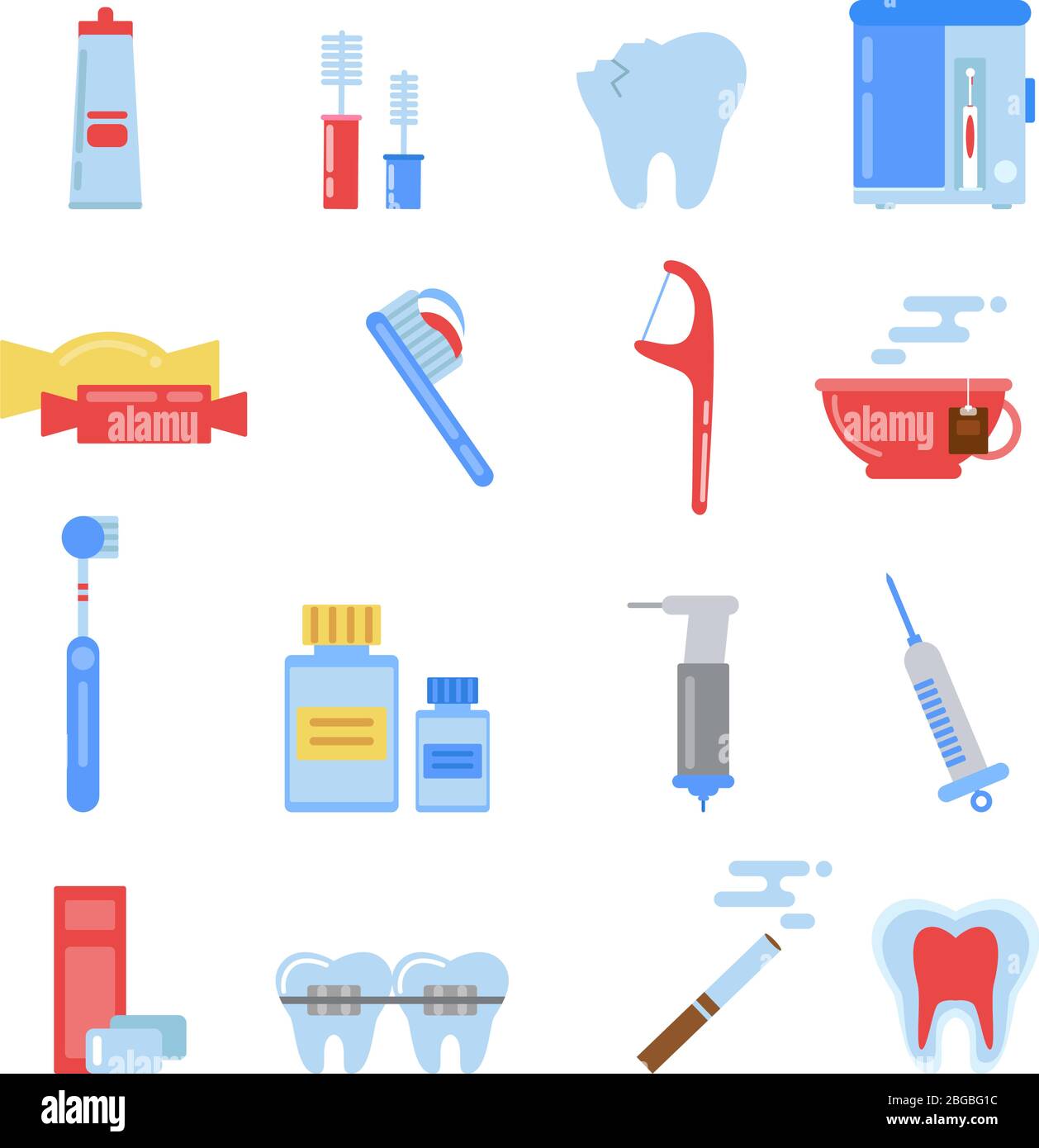 Illustrazioni per il settore sanitario in stile piatto. Set di icone diverse per i denti. Dente, bocca e altre immagini specifiche Illustrazione Vettoriale