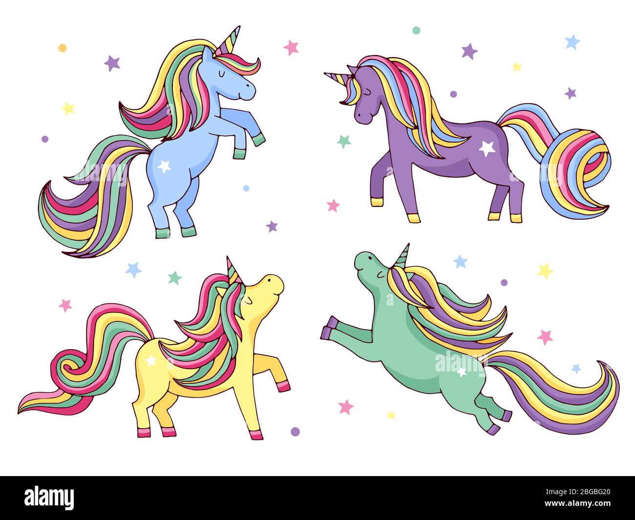 Divertente cartoon unicorn. Illustrazioni vettoriali impostate isolate su sfondo bianco Illustrazione Vettoriale