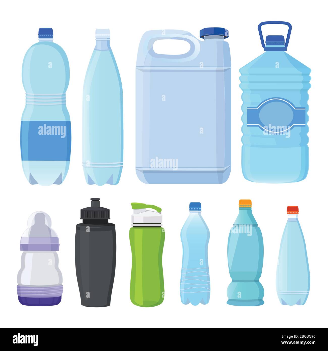 Bottiglie di vetro e plastica di diversi tipi per alcol e acqua Illustrazione Vettoriale