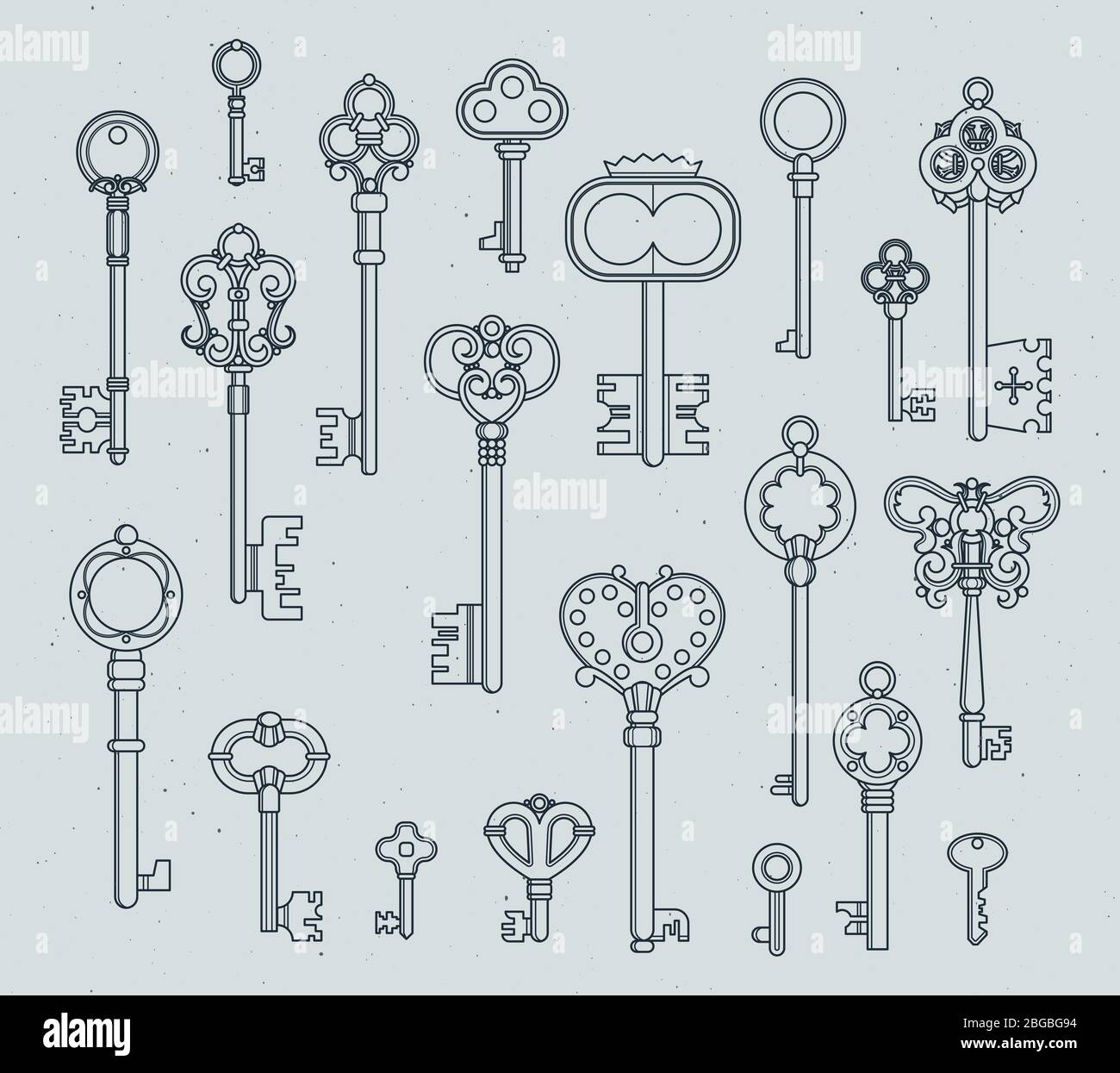 Set di tasti antichi. Illustrazioni vettoriali medievali disegnate a mano di vecchi oggetti isolati su bianco Illustrazione Vettoriale