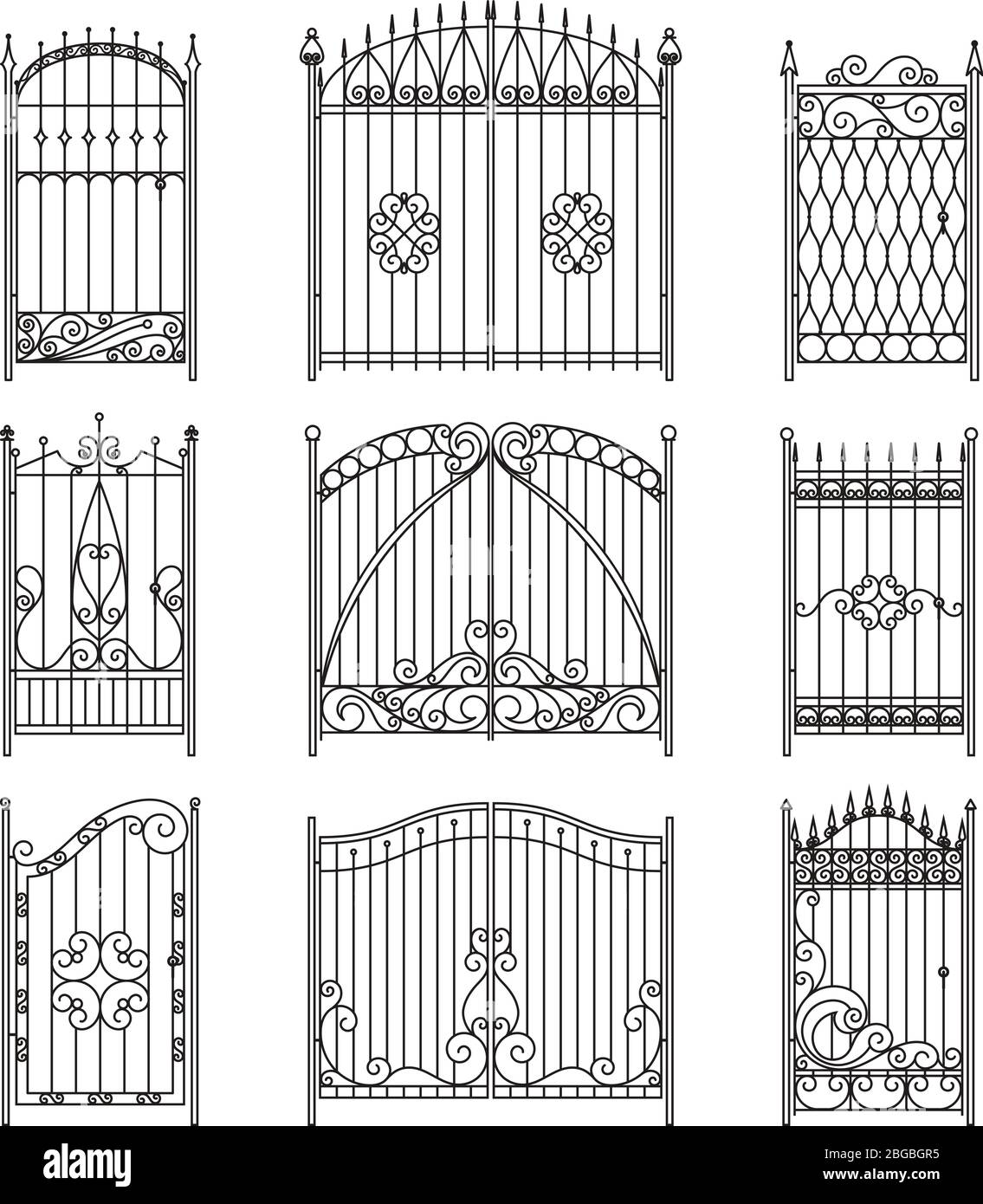 Cancelli in ferro con elementi decorativi. Set di immagini monocromatiche vettoriali Illustrazione Vettoriale