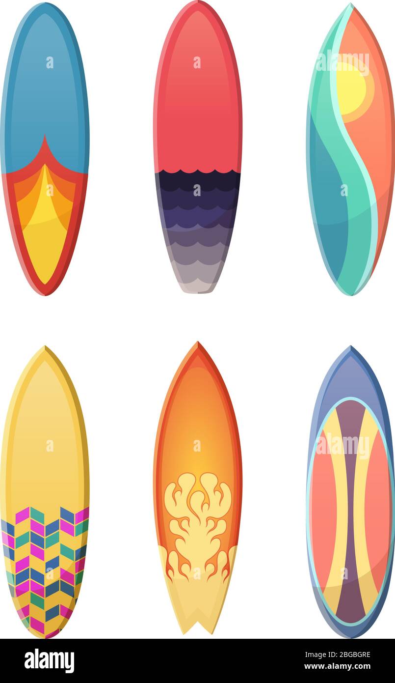 Tavole da surf con diversi colori retrò. Illustrazione dello sport vettoriale isolato su sfondo bianco Illustrazione Vettoriale