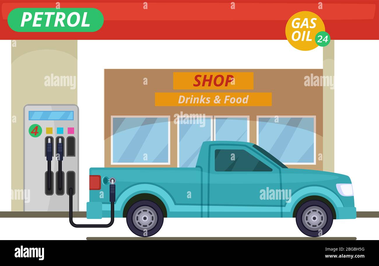 Stazione di benzina o diesel. Illustrazioni vettoriali in stile cartoon Illustrazione Vettoriale