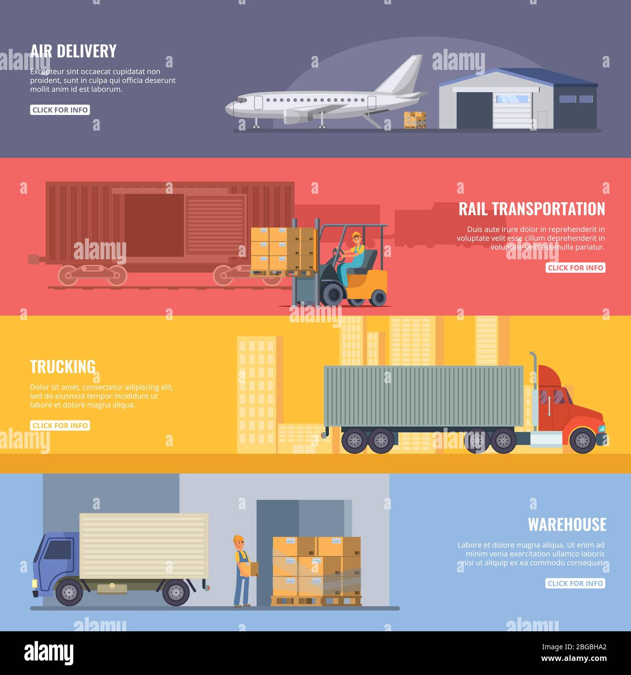 Banner orizzontali di servizi di consegna o logistica. Industria dei trasporti. Trasporto veloce. Illustrazioni vettoriali in stile cartoon Illustrazione Vettoriale