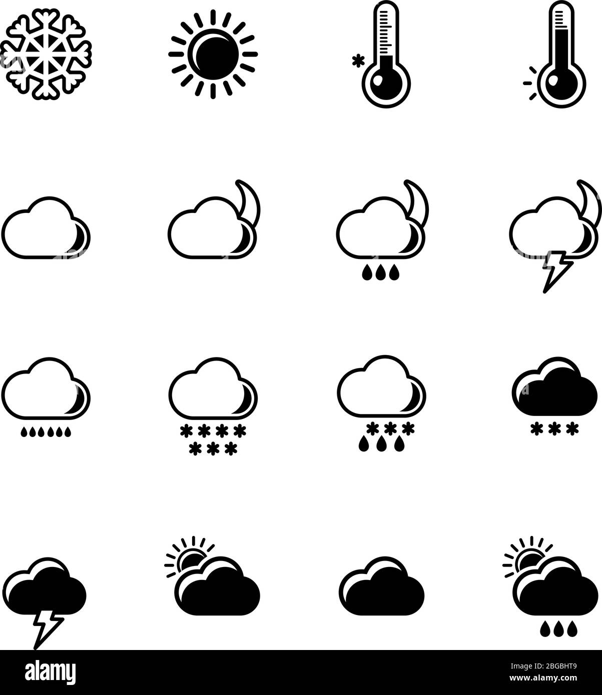 Silhouette monocromatiche delle icone meteo. Giorni nuvolosi, soleggiati e piovosi. Visualizzazione del clima Illustrazione Vettoriale