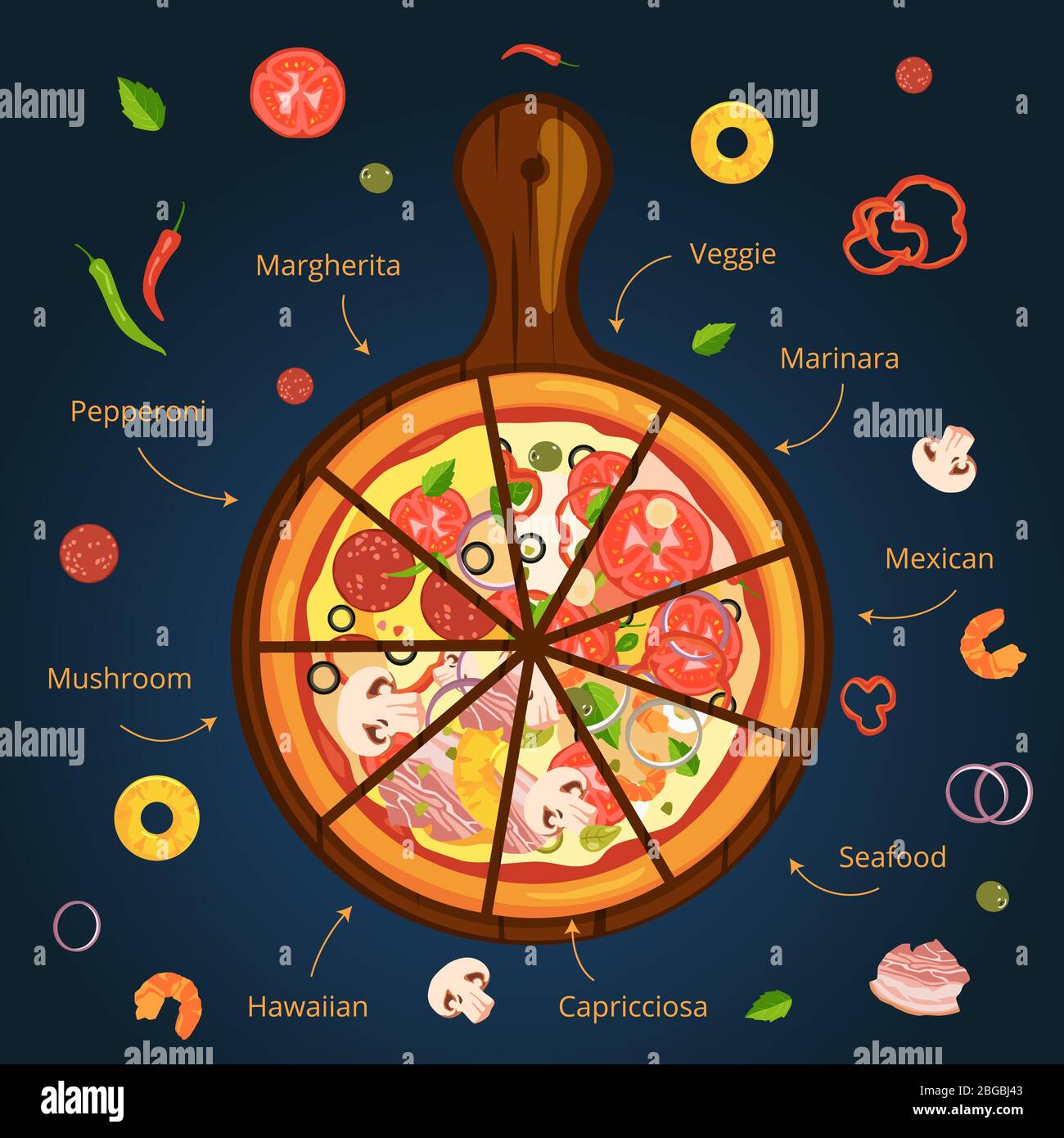 Diversi ingredienti della classica pizza italiana. Illustrazione del cibo deliziosa. Infografica vettoriale Illustrazione Vettoriale