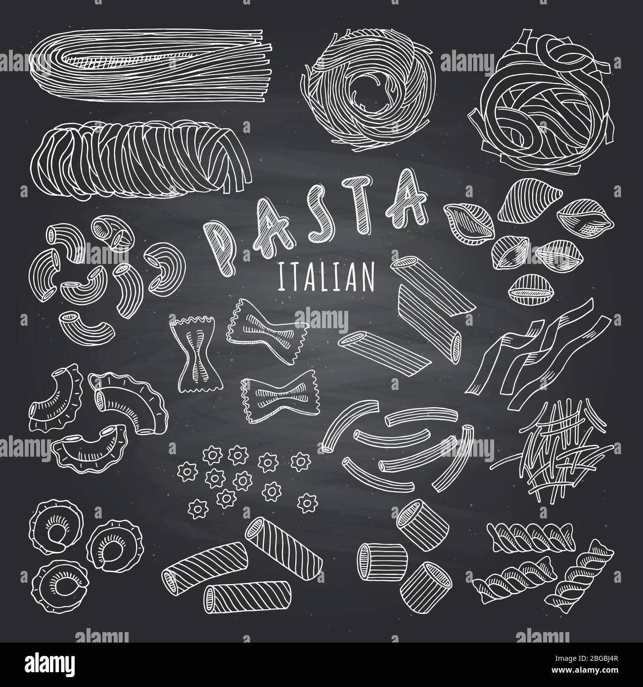 Tipi di pasta italliana. Immagini disegnate a mano su sfondo scuro. Icone impostate per il menu del ristorante Illustrazione Vettoriale