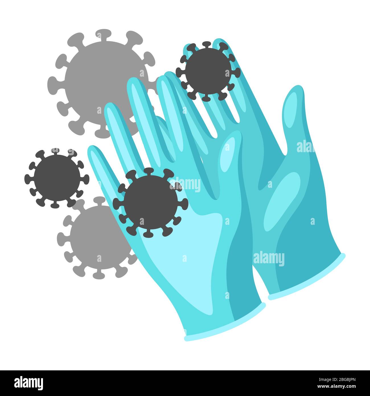 Illustrazione dei guanti protettivi per uso medico con molecole di coronavirus Covid-19. Illustrazione Vettoriale