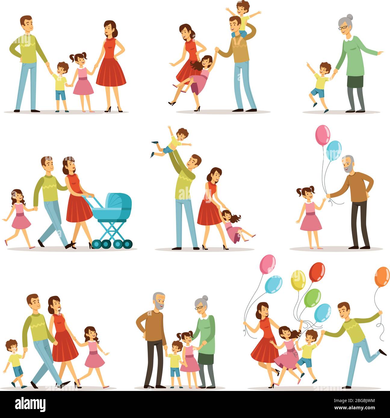 Grande famiglia felice con madre, padre, nonna e nonno. Due bambini sorridenti. Caratteri vettoriali Illustrazione Vettoriale