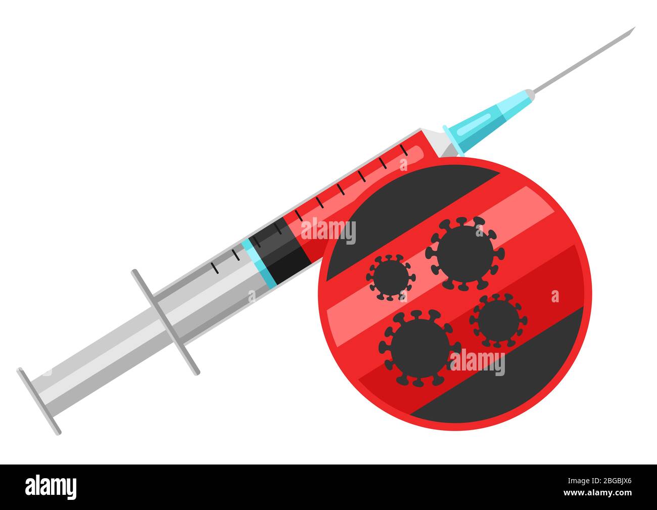Illustrazione della siringa per uso medico con sangue. Molecole di coronavirus Covid-19. Illustrazione Vettoriale