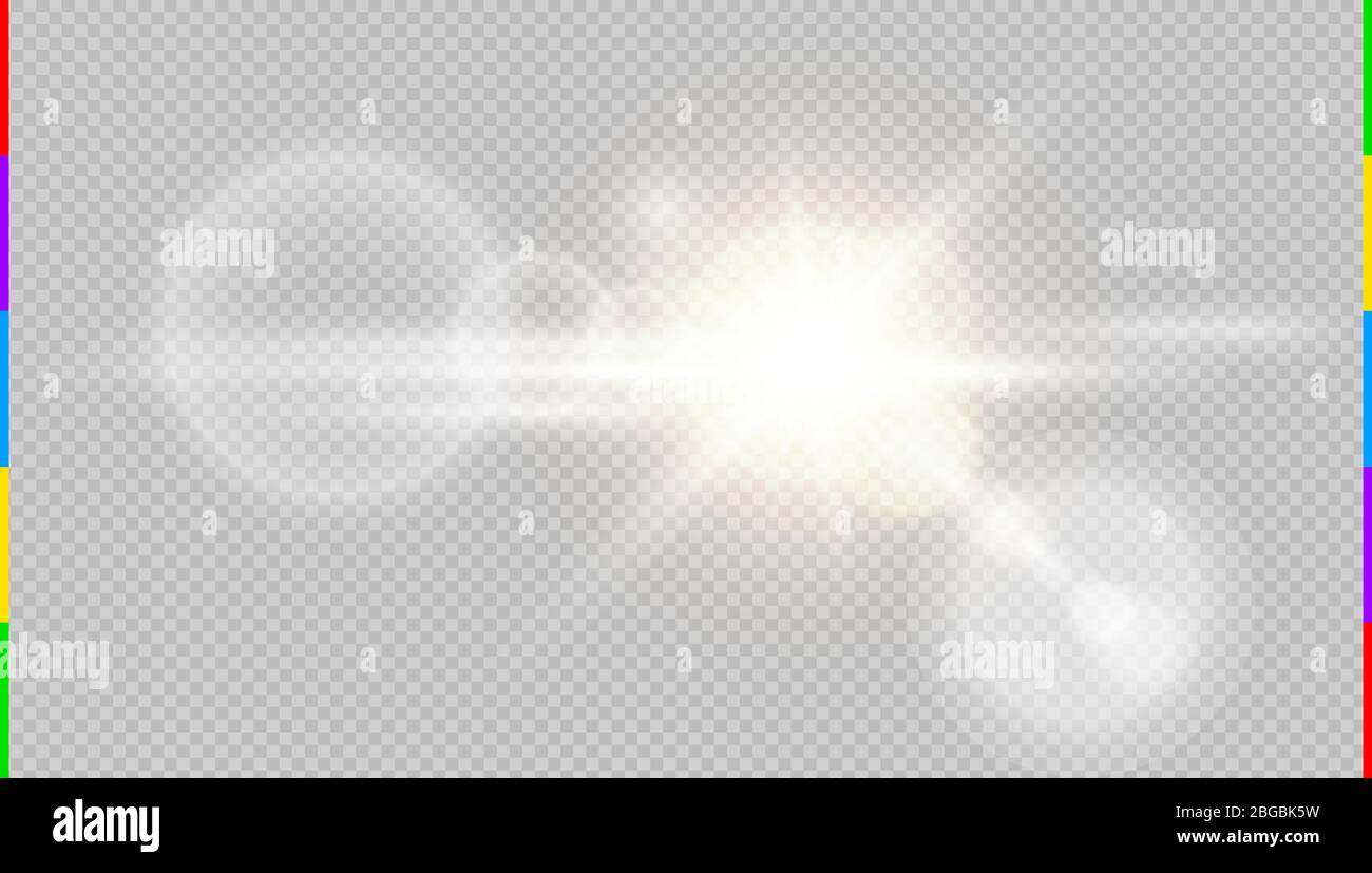 Astratto obiettivo solare anteriore dorato flare traslucido speciale effetto luce design. Sfocatura vettoriale in movimento bagliore. Sfondo trasparente isolato. Decorazioni Illustrazione Vettoriale