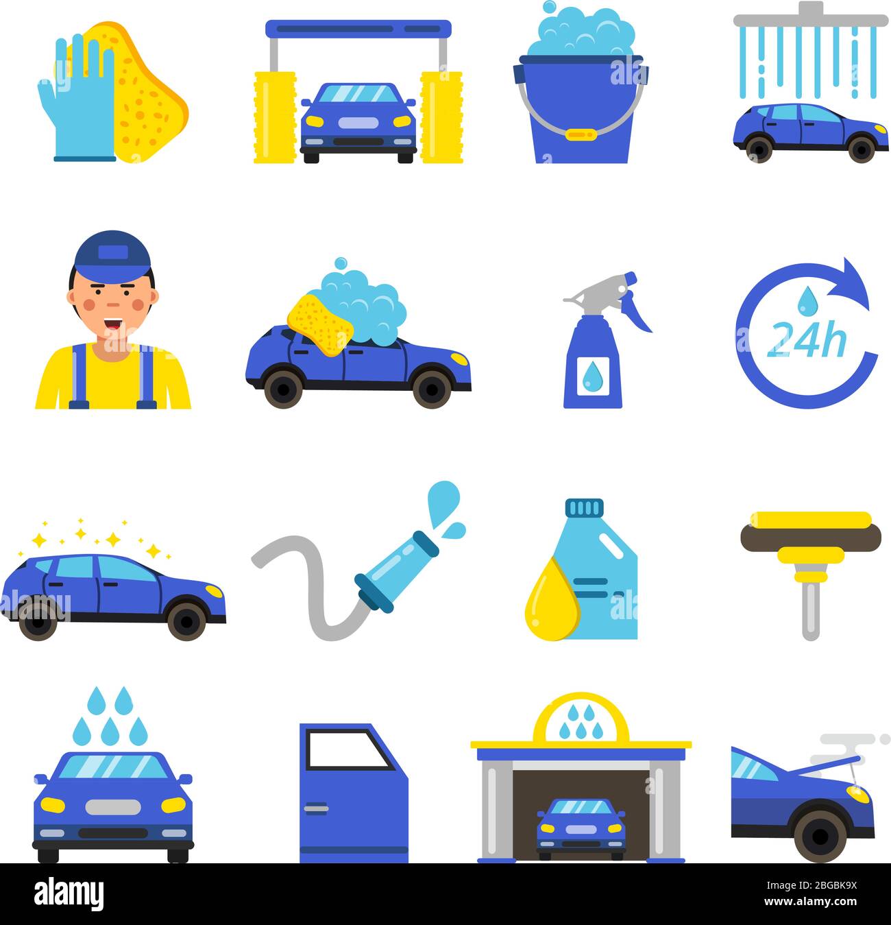 Vettore di attrezzatura per il lavaggio di automobili. Servizio di pulizia per automobili Illustrazione Vettoriale