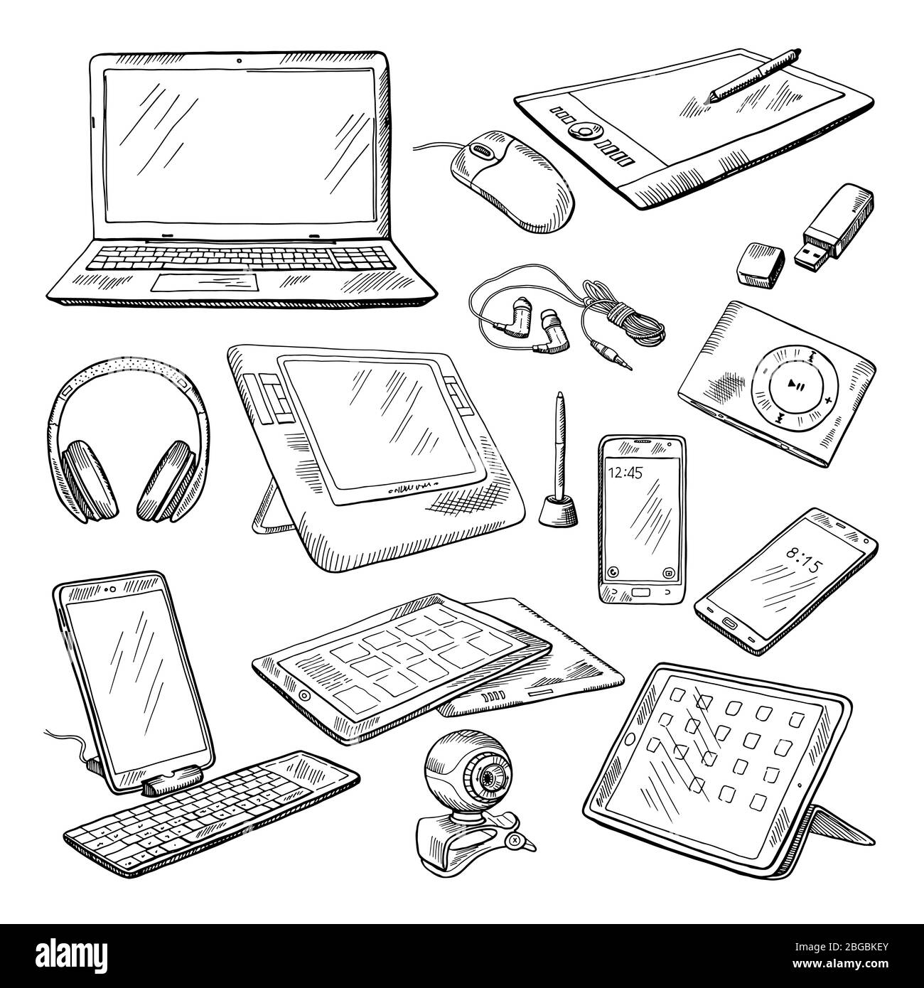 Diversi gadget per computer. Le illustrazioni vettoriali di Doodle si isolano su bianco Illustrazione Vettoriale