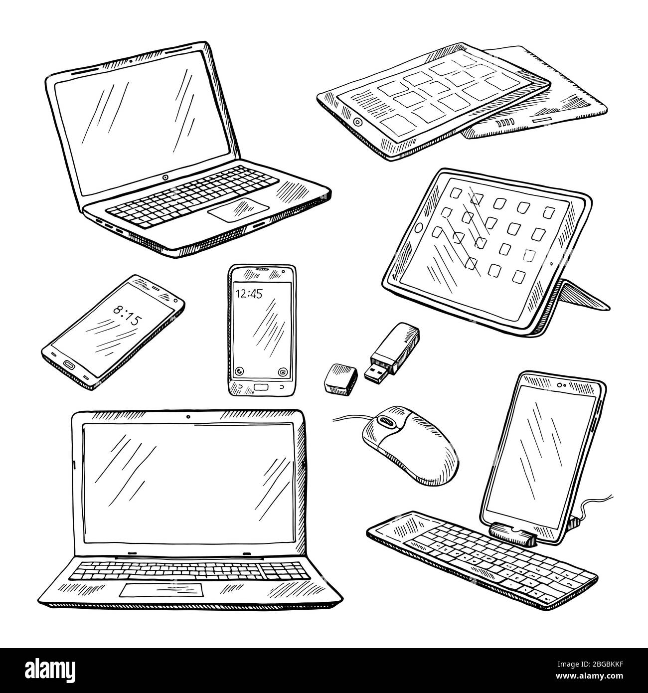 Illustrazioni di diversi dispositivi laptop, smartphone, tablet, pc e altro. Set di immagini vettoriali Illustrazione Vettoriale