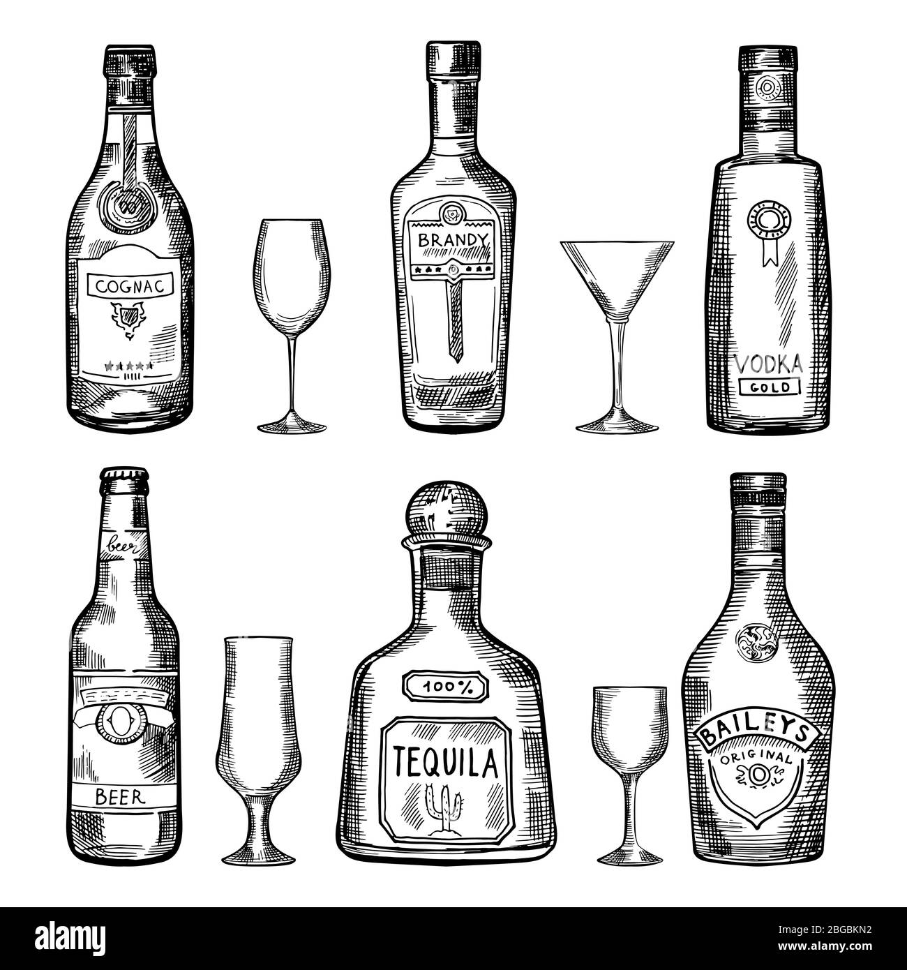 Bottiglie diverse da disegno a mano vintage. Set di illustrazioni vettoriali Illustrazione Vettoriale