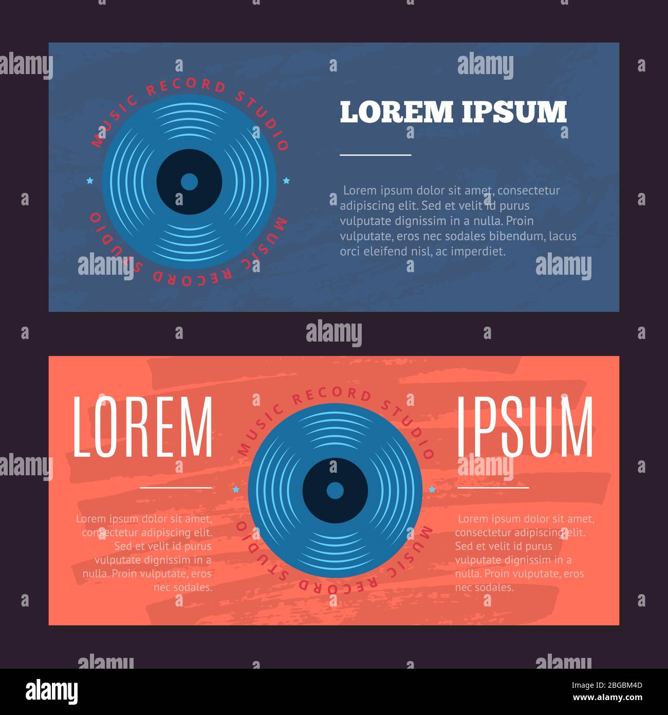 Volantini Vector vintage con studio di registrazione audio, negozio di musica in vinile, logo club con disco in vinile su grunge texture Illustrazione Vettoriale