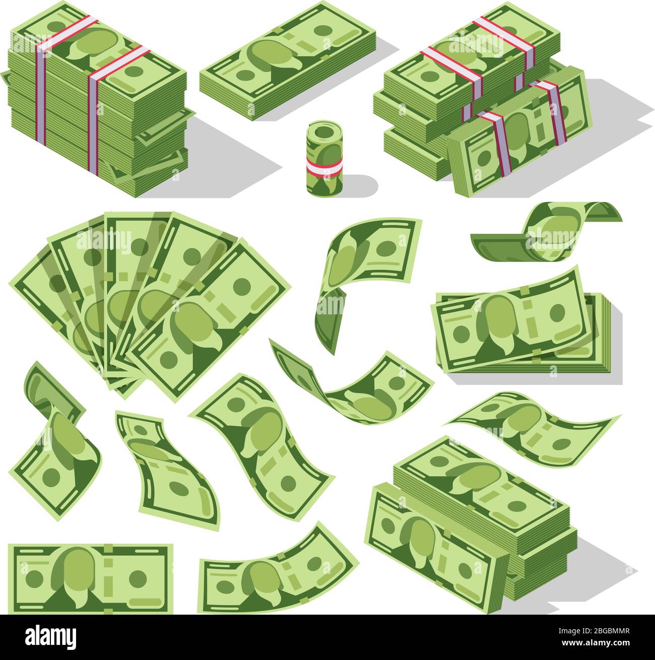 Cartoni animati bollette. Icone dei vettori di cassa delle banconote in dollari verdi. Carta di denaro contante, illustrazione delle banconote in pile finanziarie Illustrazione Vettoriale