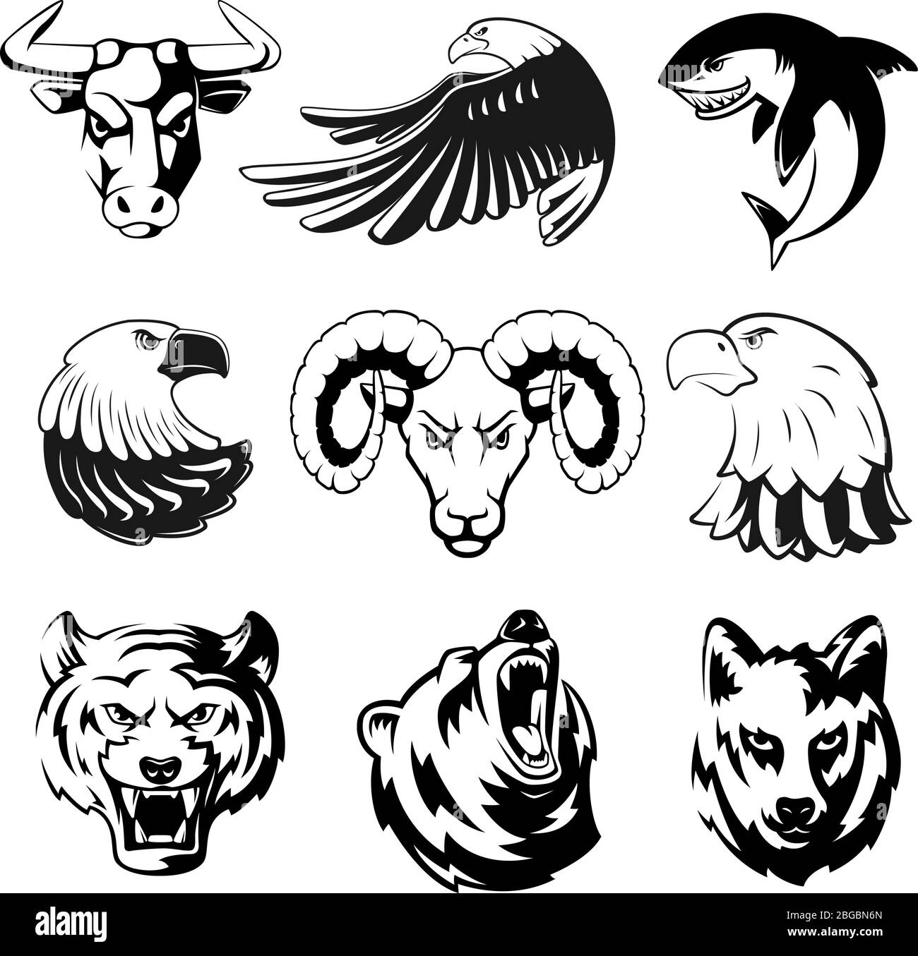 Teste di animali per logo o simboli sportivi. Grizzly, orso ed aquila. Illustrazioni mascotte monocromatiche per etichette. Lupo, squalo e montone. Set di vettori grandi Illustrazione Vettoriale