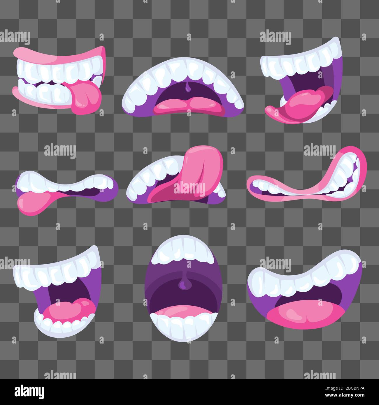 Divertenti bocche fumettiche vettoriali che esprimono diverse emozioni isolate su sfondo trasparente. Illustrazione vettoriale Illustrazione Vettoriale