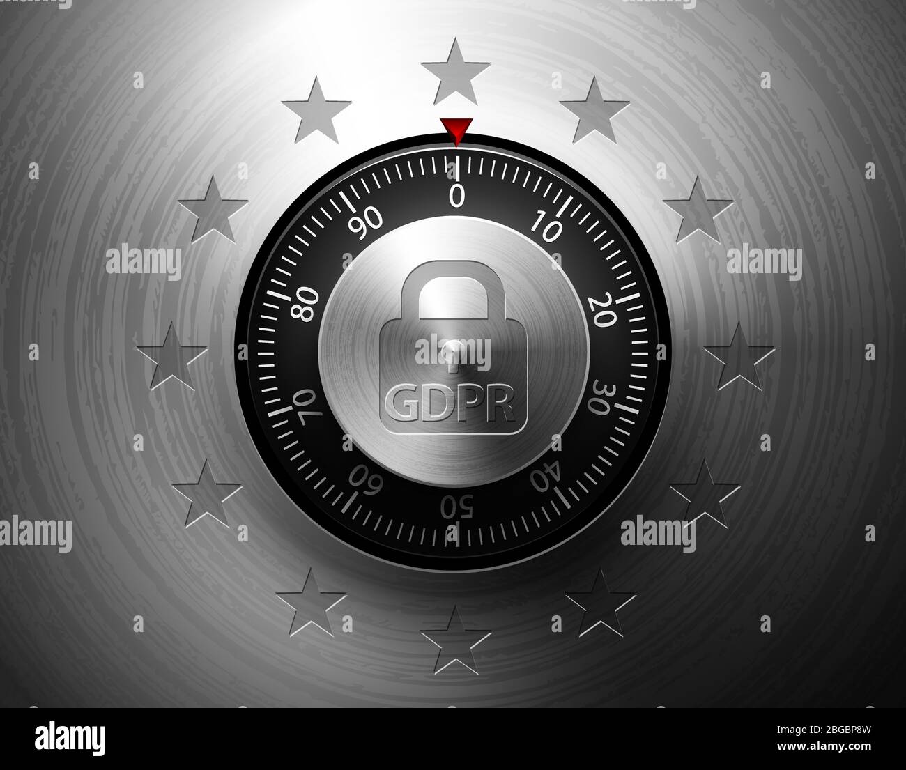 Regolamento generale sulla protezione dei dati del GDPR. Lucchetto della guardia commerciale di Internet con stelle dell'UE. Tutela della privacy. Blocco di sicurezza vettoriale metallizzato realistico Illustrazione Vettoriale