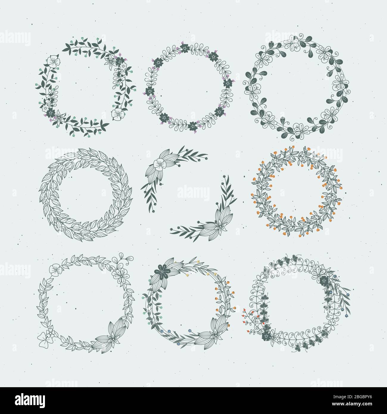 Cornici rotonde da rami e foglie. Ornamenti rustici per matrimoni. Illustrazioni disegnate a mano vintage Illustrazione Vettoriale