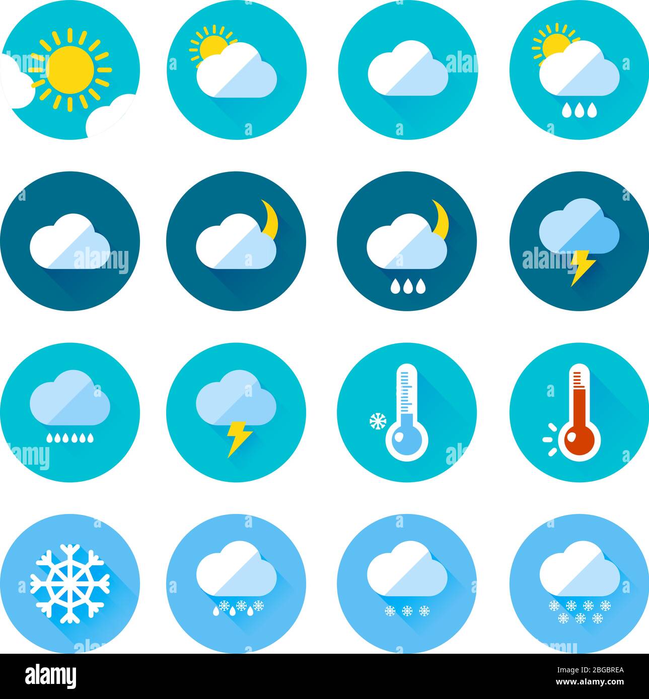 Icone colorate in stile piatto. Visualizzazione diversa del clima. Giornate di pioggia e sole Illustrazione Vettoriale