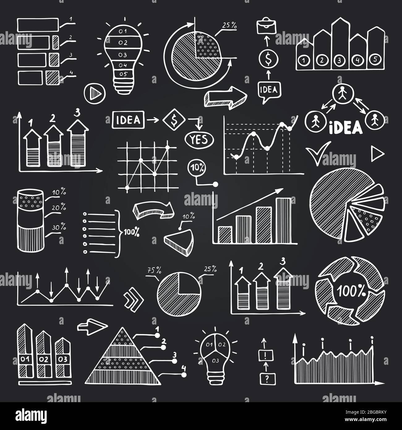 Grafici, grafici di dati e altri elementi infografici si isolano sulla lavagna nera. Set di immagini vettoriali Illustrazione Vettoriale