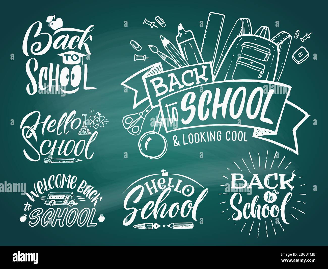 Emblema d'epoca per scuola e università. Benvenuti a scuola. Parole di scrittura a mano vettoriale Illustrazione Vettoriale