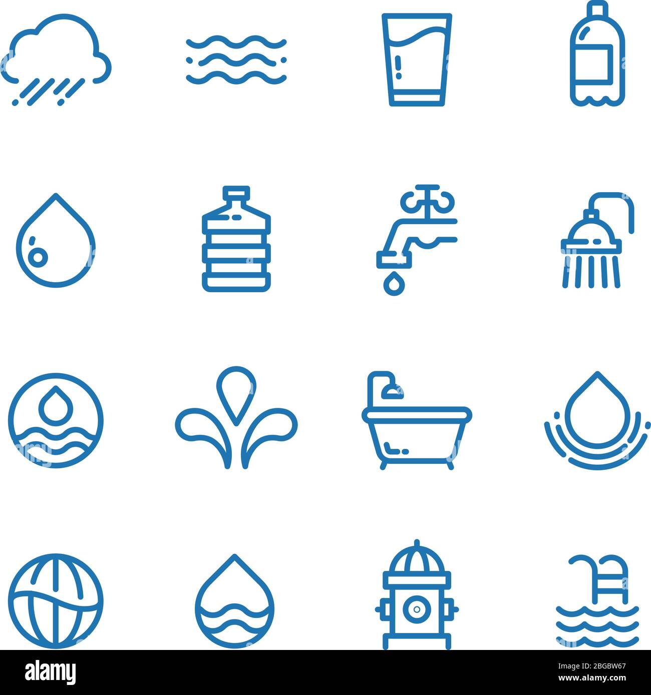 Gocce d'acqua cristalline, bevande fresche e icone vettoriali linea igienica. Acqua goccia e bere pura illustrazione Illustrazione Vettoriale