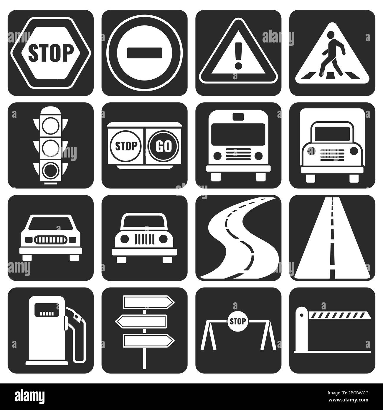 Icone del vettore di direzione e del traffico impostate. Segnaletica stradale per percorso e strada, segnaletica stradale in bianco e nero Illustrazione Vettoriale
