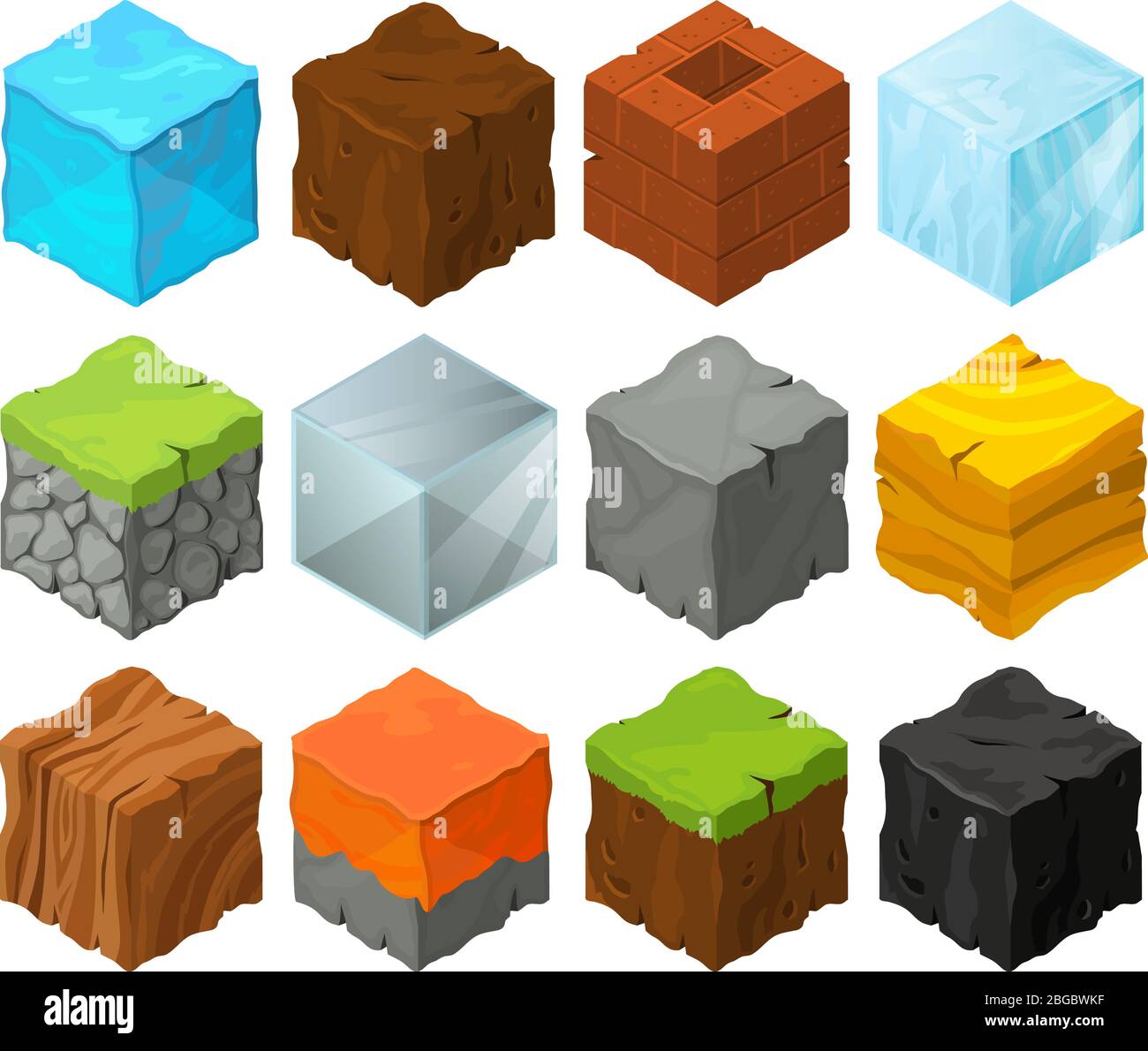 Blocchi isometrici con texture diverse per la progettazione della posizione del gioco 3d. Lava, pietre, ghiaccio e erba. Cubi vettoriali in metallo e legno Illustrazione Vettoriale