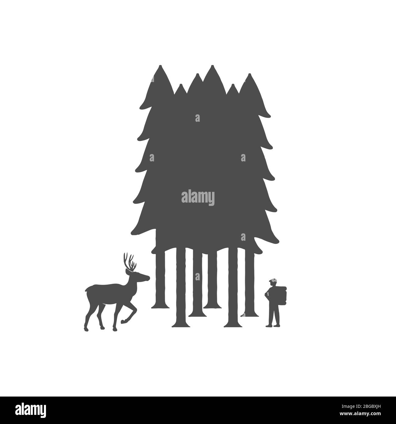 Composizione di foresta, cervo e viaggiatore. Emblema del campeggio. Silhouette monocromatica di natura selvaggia. Illustrazione delle scorte di vettori isolati. Illustrazione Vettoriale