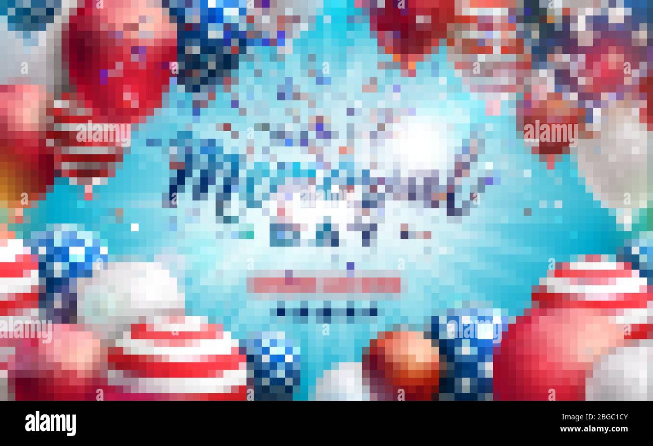 Memorial Day of the USA Vector Design Template con American Flag Air Balloon e Falling Confetti su sfondo blu lucido. Patriottico nazionale Illustrazione Vettoriale