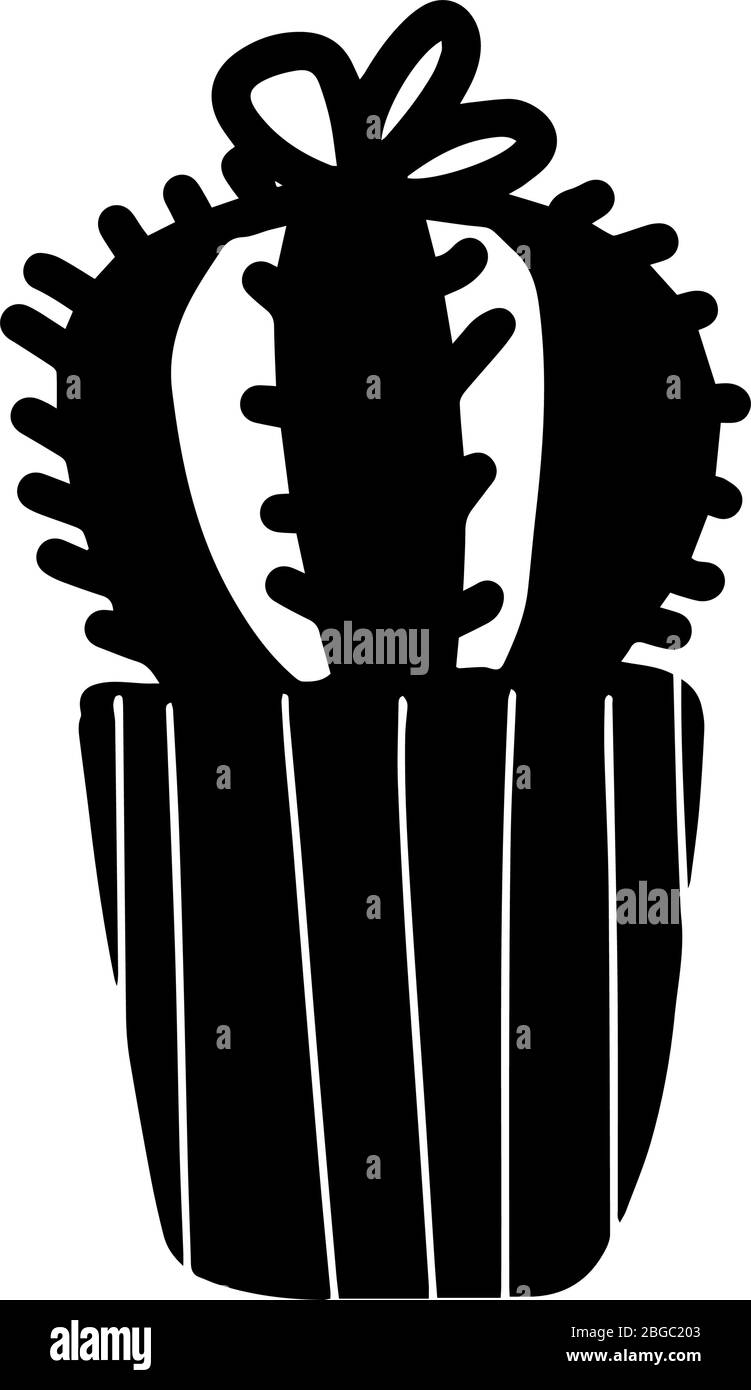 Casa disegnata a mano pianta cactus rotondo in pentola in stile cartone animato doodle isolato su sfondo bianco. Collezione di piante in vaso con silhouette vettoriale. Illustrazione Vettoriale