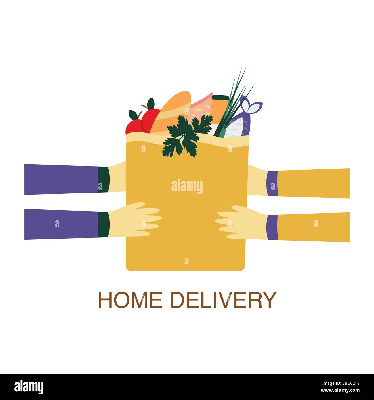 Consegna a domicilio un pacchetto con prodotti acquistati in un negozio. Il corriere trasferisce al cliente il cibo consegnato. Sacchetto di carta con cibo. Set di prodotti Illustrazione Vettoriale