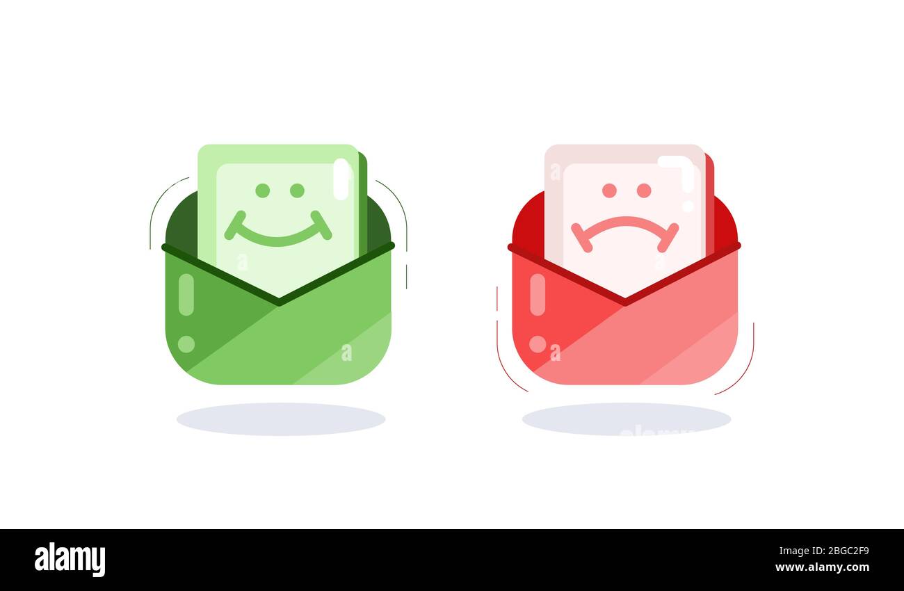 Due cartoni animati busta colorata con smiley cattivo e buone notizie isolato su sfondo bianco Illustrazione Vettoriale