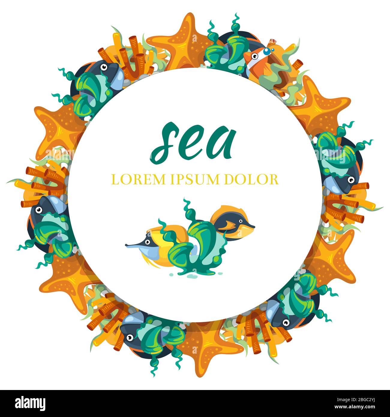 Sealife banner design rotondo - banner con alghe e pesci cartoni animati. Illustrazione vettoriale Illustrazione Vettoriale